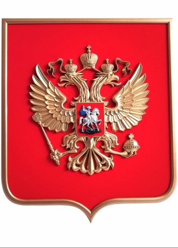 Герб РФ настенный, основа ДВП и ткань, объемный орел, рамка МДФ (55 * 65см)
